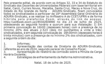 ADURN-Sindicato convoca 18ª Assembleia Geral Ordinária para o dia 23 de julho
